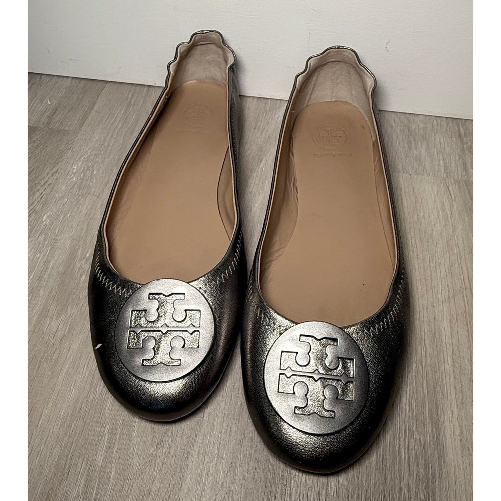 Tory Burch Metallic Silver Leather Ballet Flats Women's Size 8